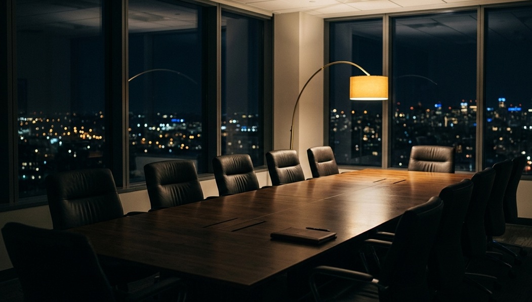 A boardroom at night overlooking the city